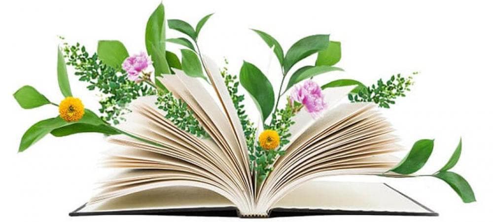 open book wreathed in flowers